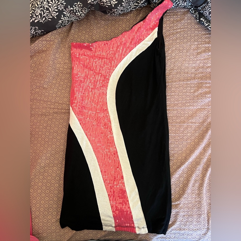bebe Pink and Black one shoulder dress with Cream Accents